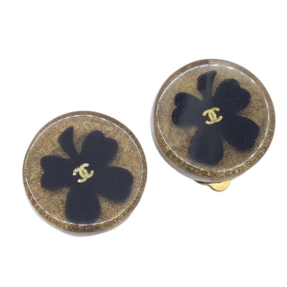 CHANEL Clover Earrings Round 01C Plated Flower Ear Accessory Glitter Gold Black - Picture 1 of 6